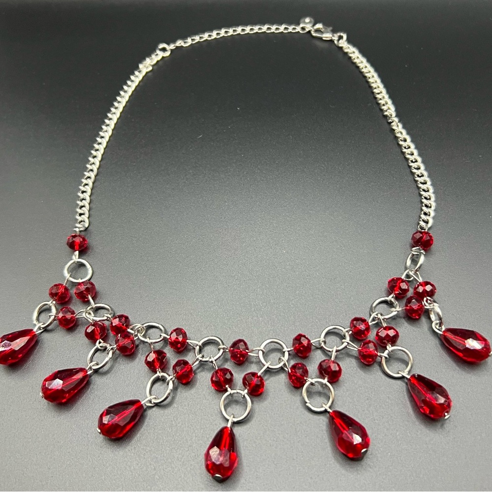 C 1946 Signed Ruby Red and Silver Tone Chain Bib Necklace